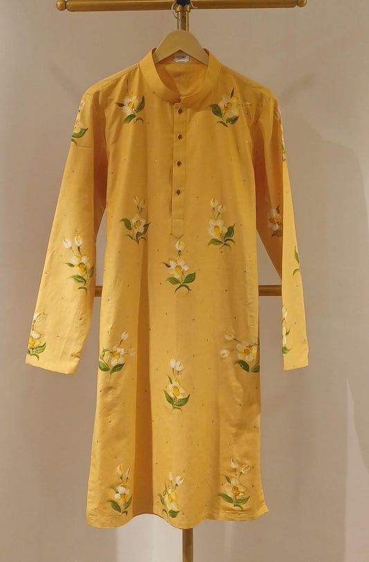 Orchids on Haldi Yellow Mens kurta with  Sitara’s