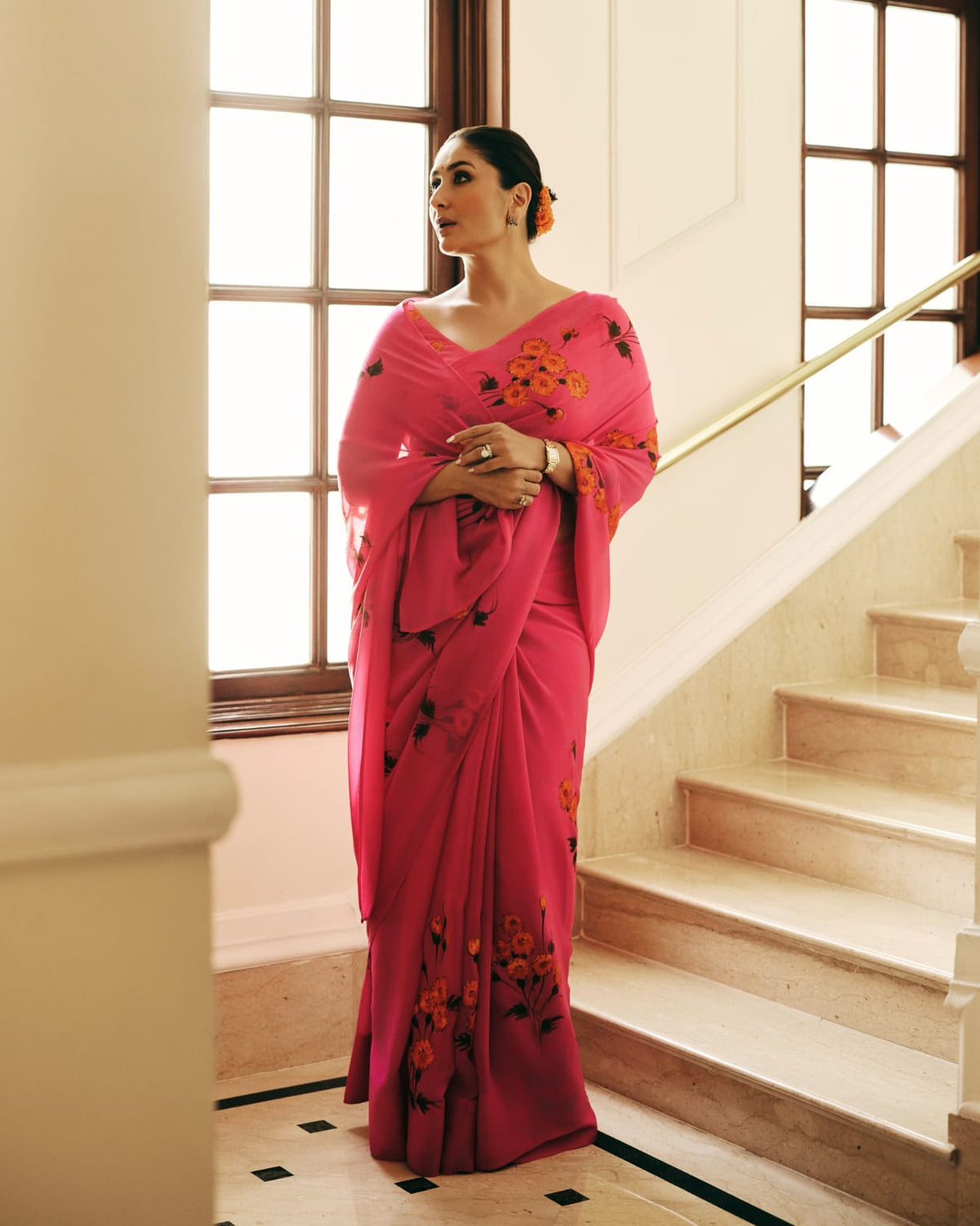 Kareena Kapoor in a custom marigolds on raspberry chiffon saree