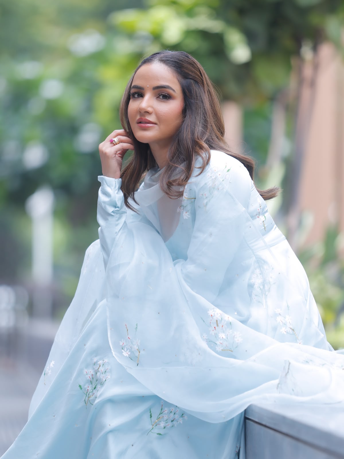 Parijat on Powder Blue flared kurta & dupatta with Sitara’s