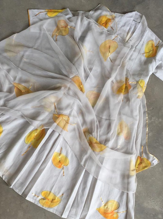 Yellow Anthuriums on Grey Silk Kurta