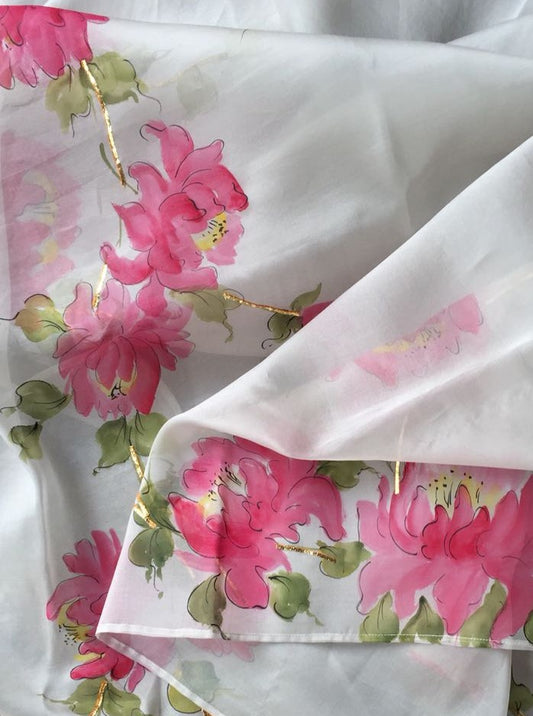 Peonies on Grey Organza Saree