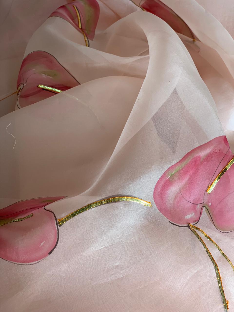 Shaded Flamingo Flower Organza Saree