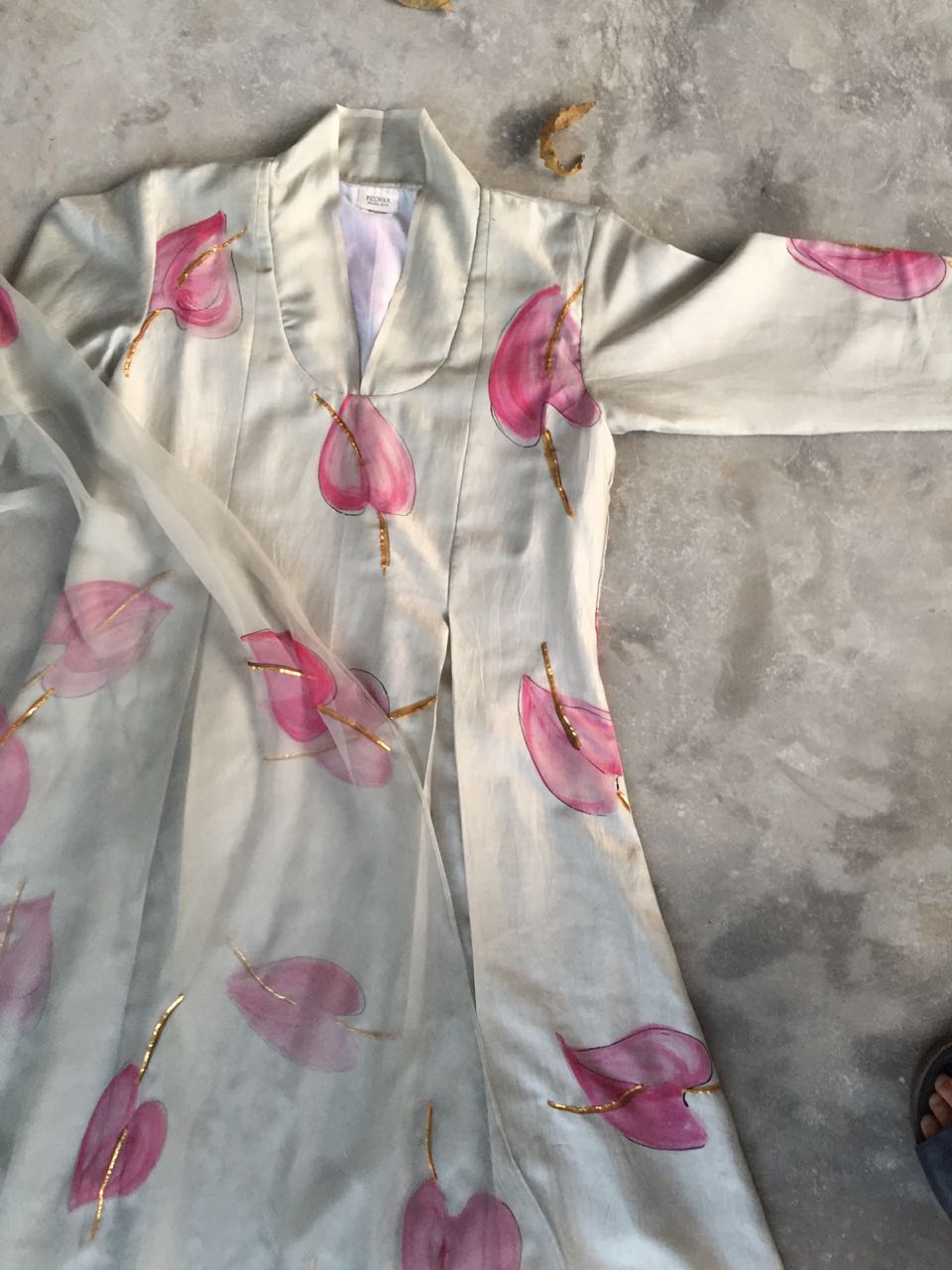 Anthurium on Grey Silk Kurta