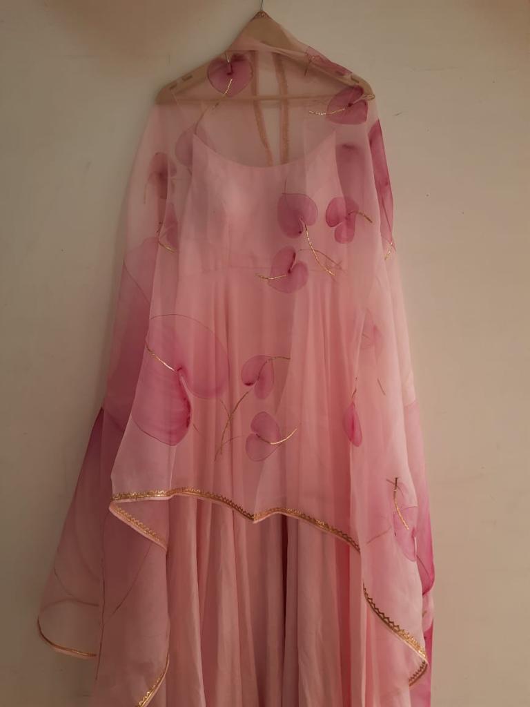 Pink Anthuriums on Baby Pink Spaghetti Strap Kurta