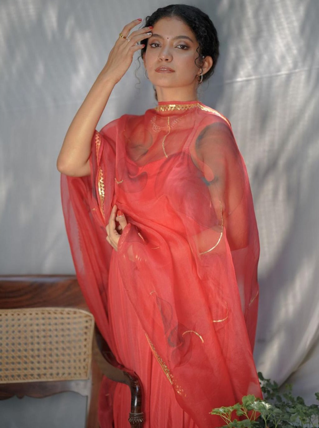 Black Anthuriums on Red Organza Dupatta with Plain Silk Flared Kurta