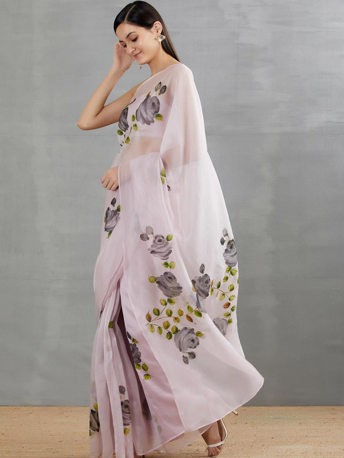 Black Roses On Lilac Organza Saree