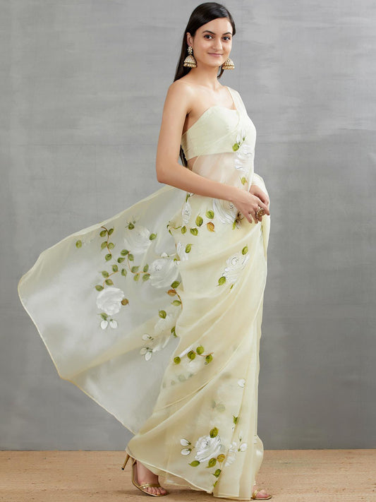 White Roses On Lemon Organza Saree