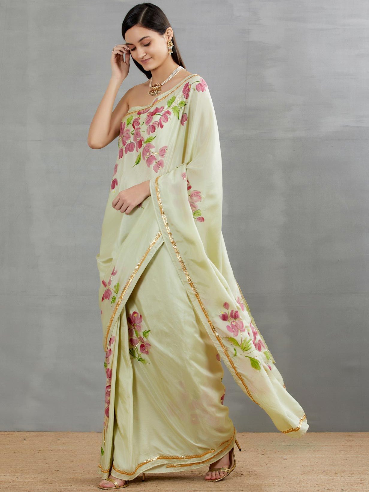 Bouganville On Pista Silk Saree with border