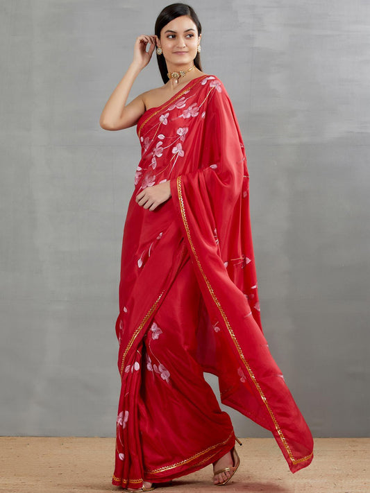 White Fuschia’s On Red Silk Saree with border