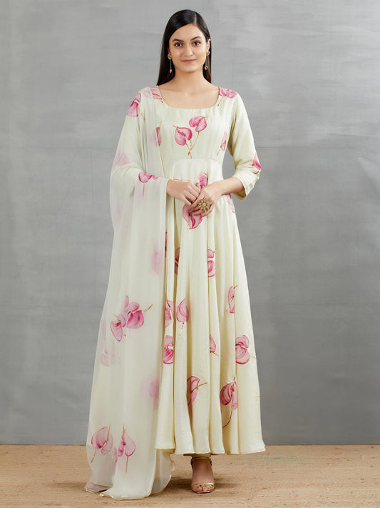 Anthuriums On Pista Flaired Silk Kurta