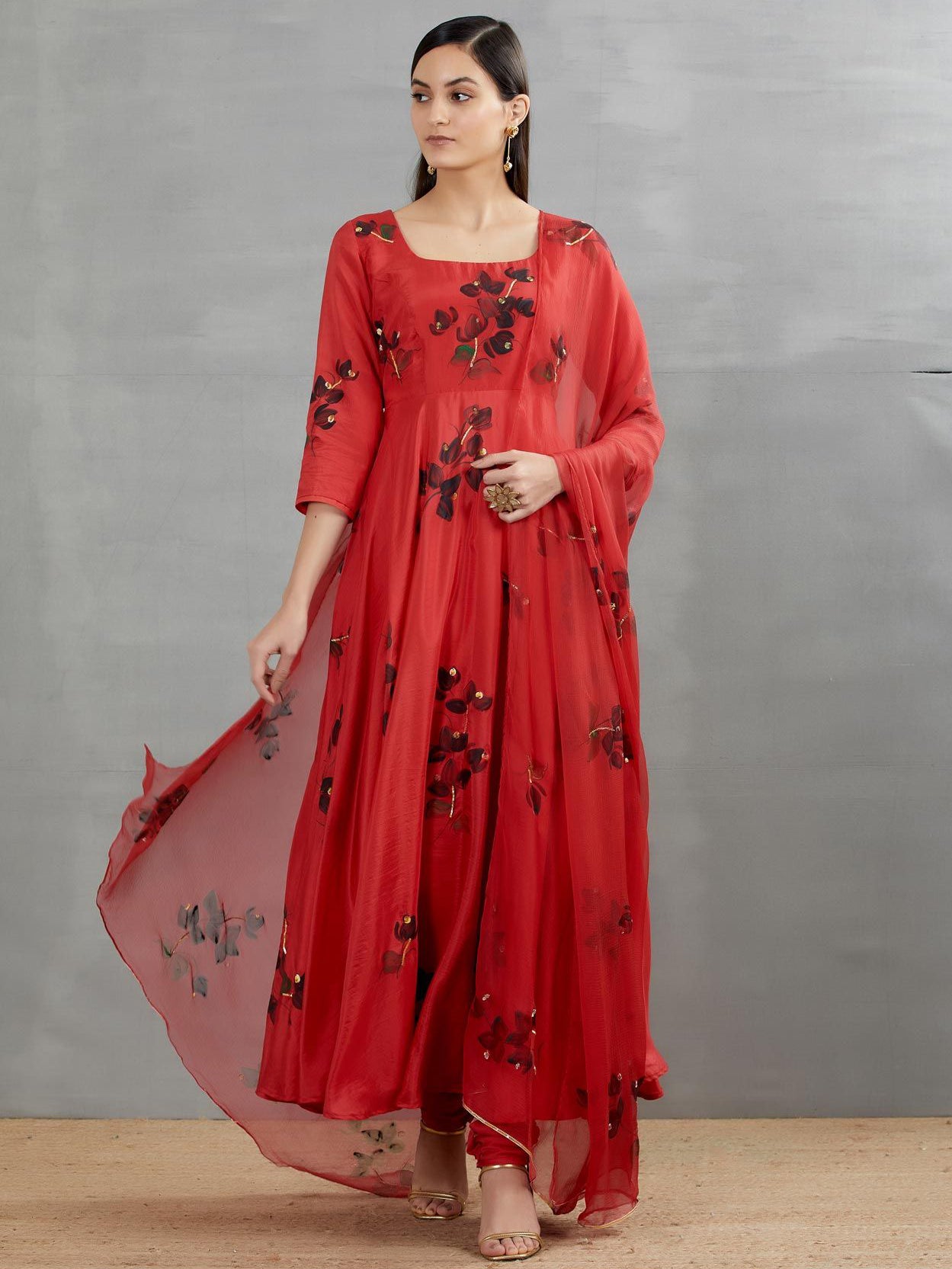 Black Bougainville's On Red Silk Flared Kurta