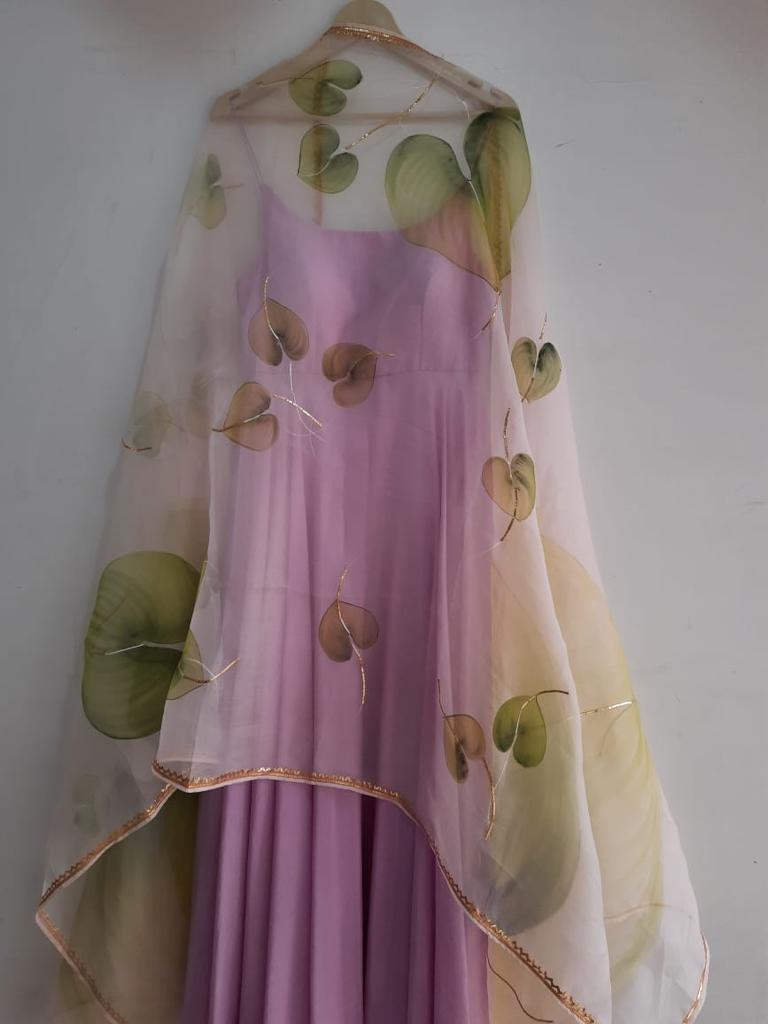 Olive Green Anthuriums on Deep Lilac Spaghetti Strap Kurta