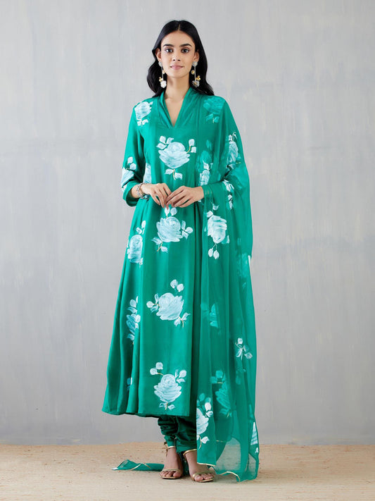 White Roses On Emerald Green Silk Kurta