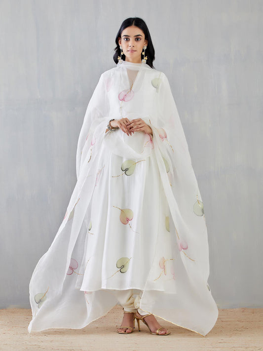 Multi Colour Anthuriums On Ivory Silk Kurta with Organza Dupatta