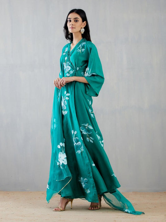 Tie Up In Hibiscus Roses On Emerald Green Kurta