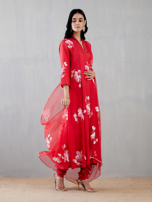 White Hibiscus Rose on Red Kurta