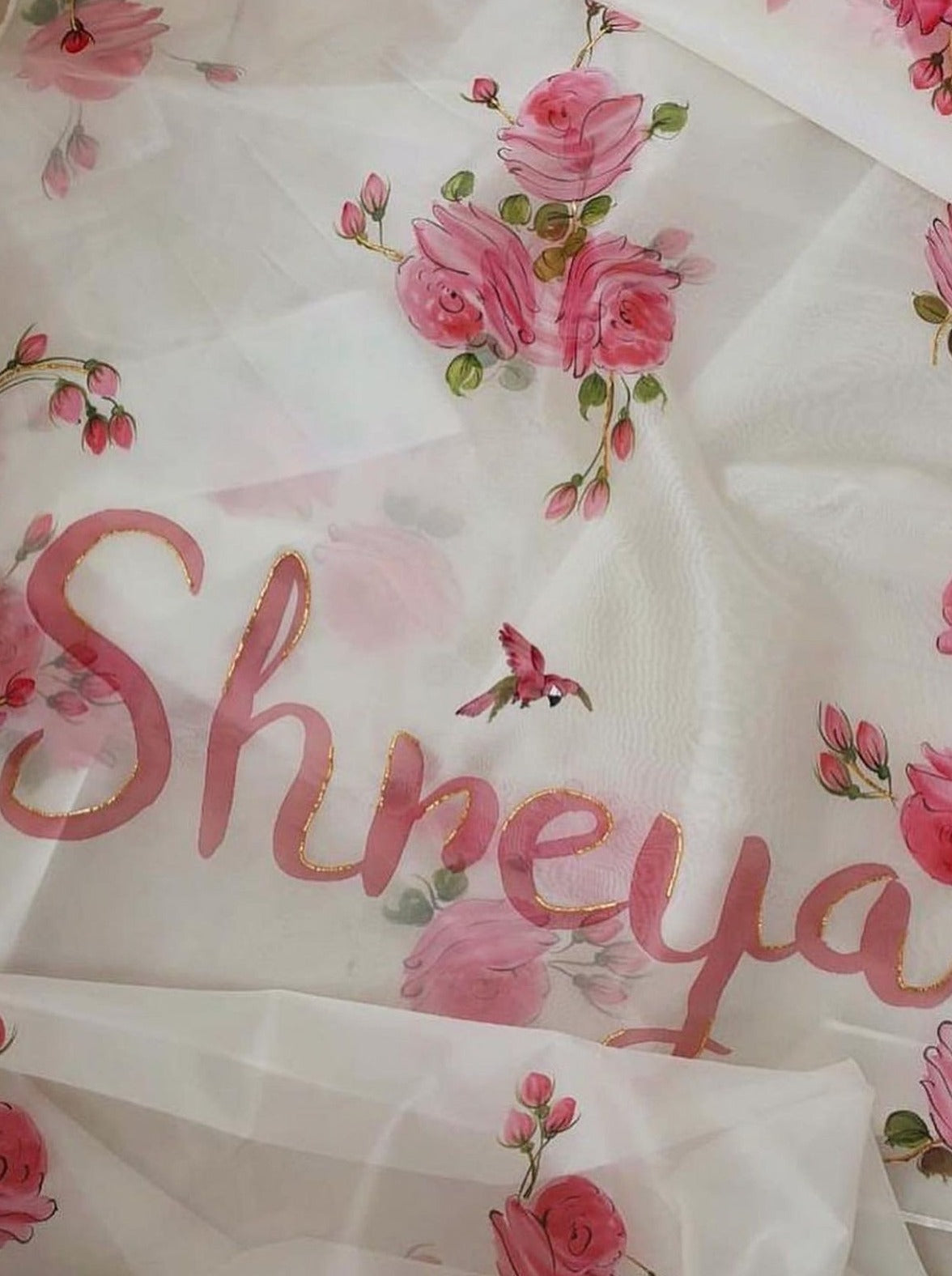 Custom Name on White Rose Organza Saree