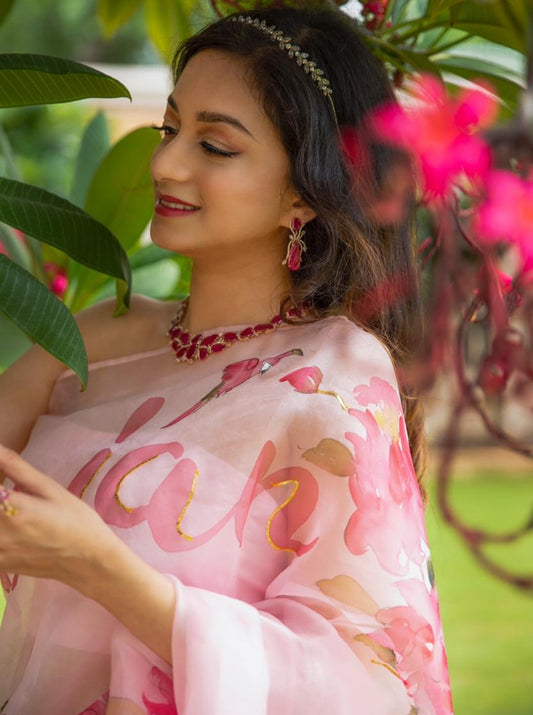 Custom Name on Pink Peonies Organza Saree