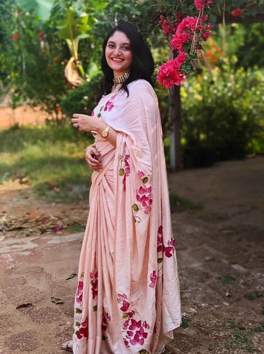 Cherry Red Bouganville’s on Dull Rose on Silk Saree