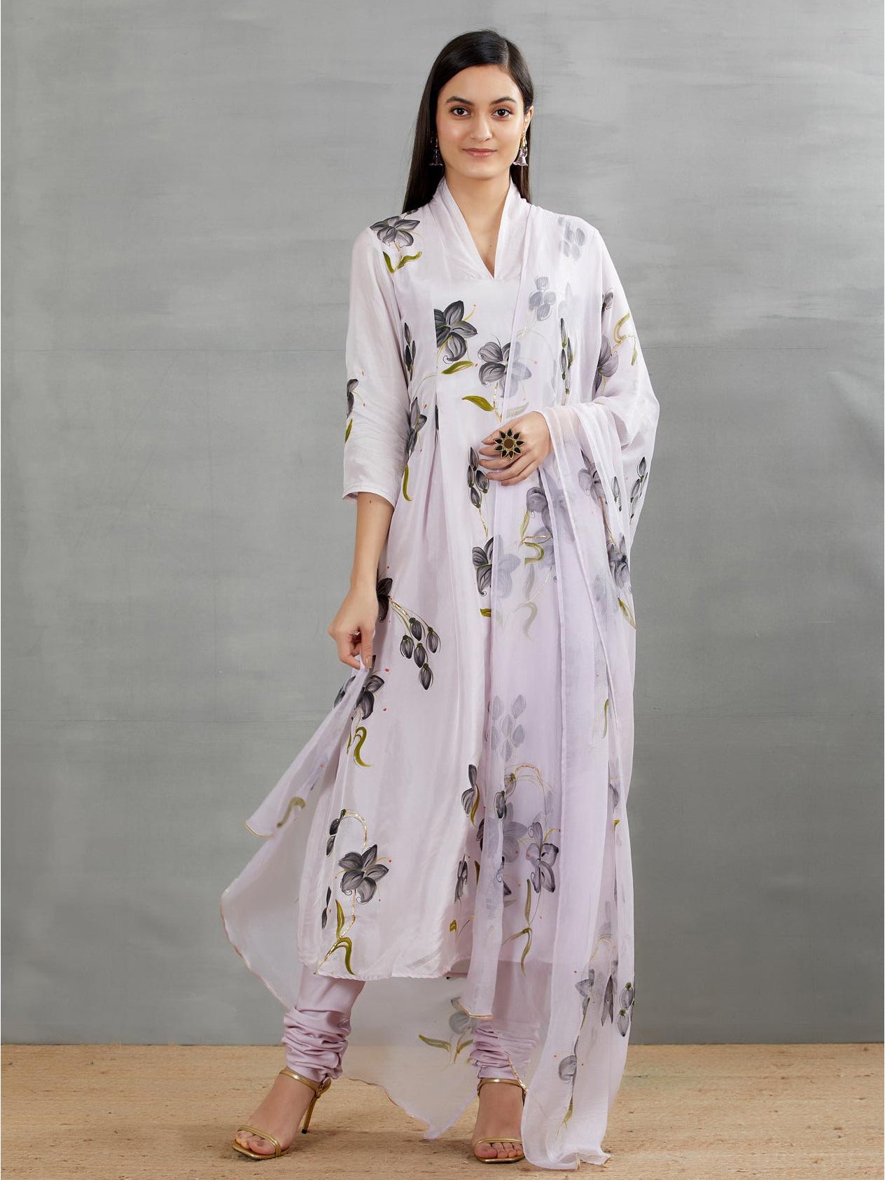 Black Lilies On Lilac Silk Kurta