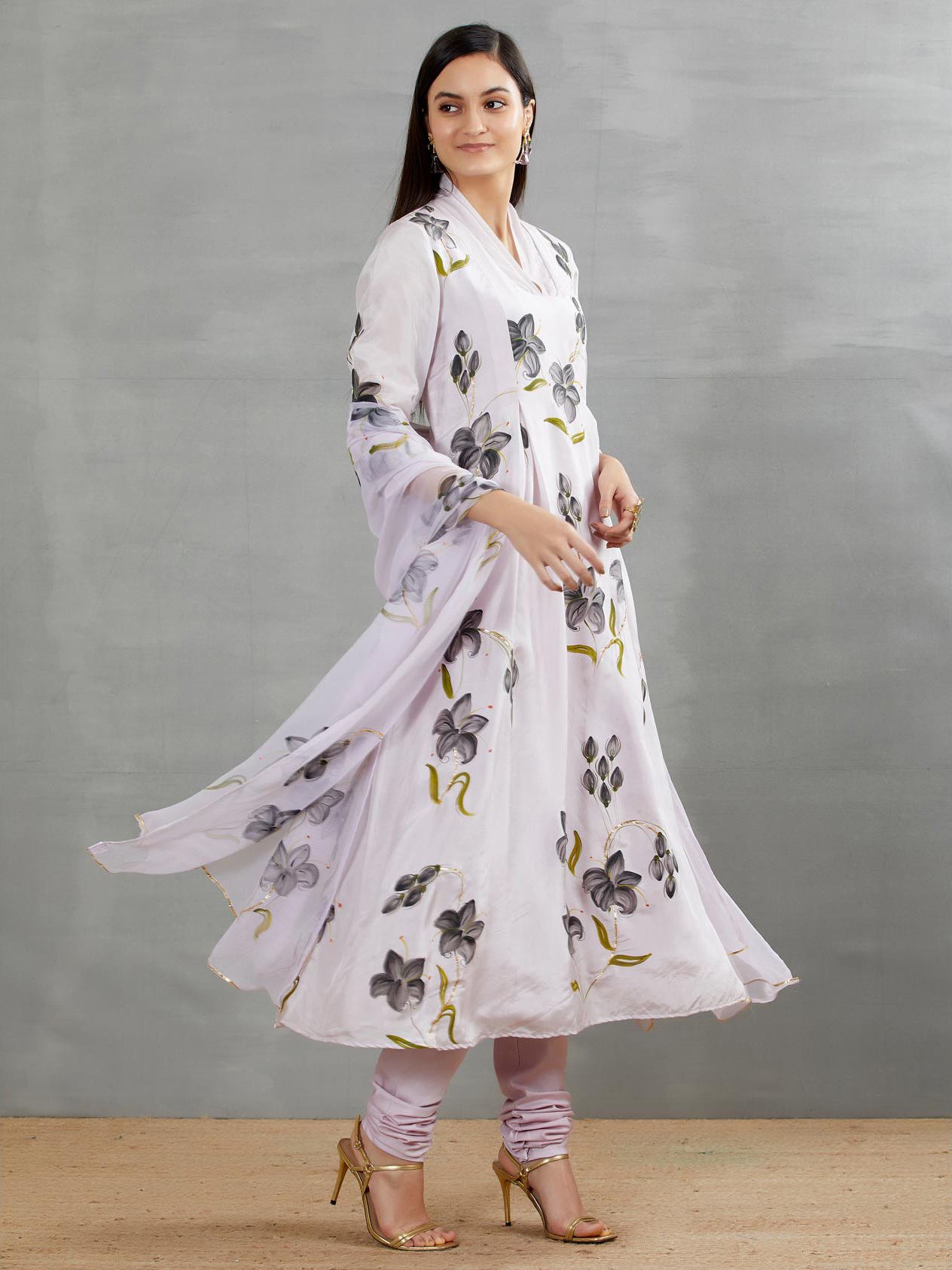 Black Lilies On Lilac Silk Kurta