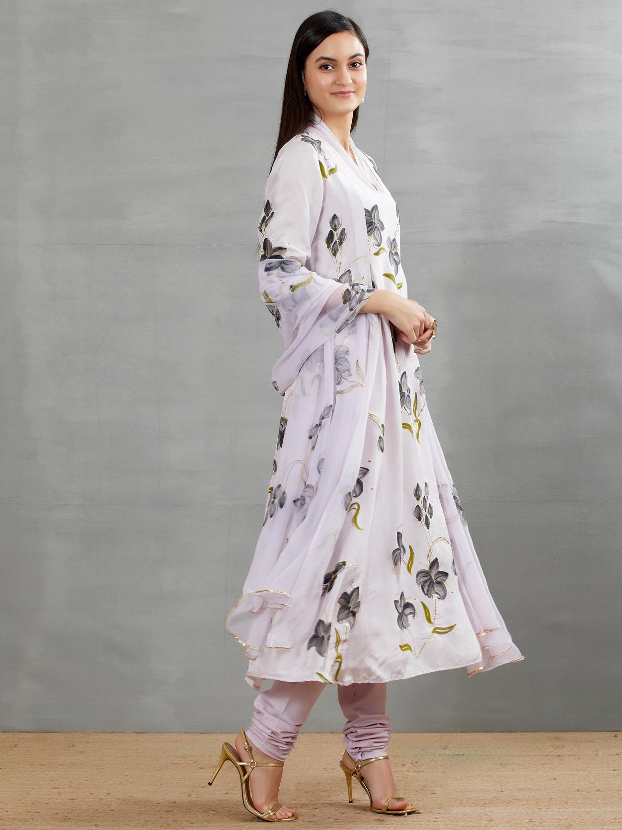 Black Lilies On Lilac Silk Kurta