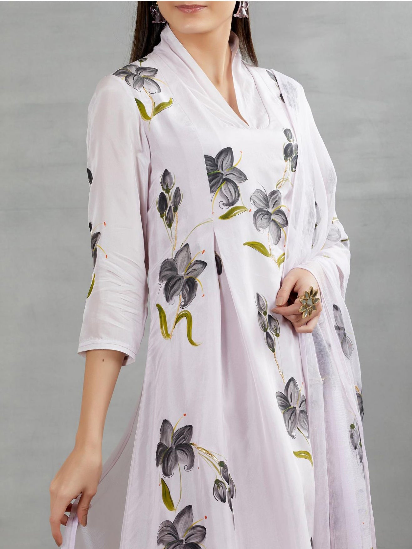 Black Lilies On Lilac Silk Kurta