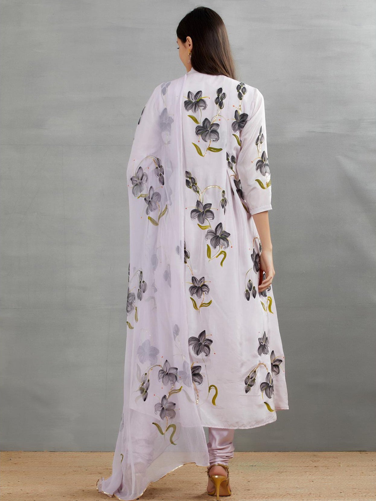 Black Lilies On Lilac Silk Kurta