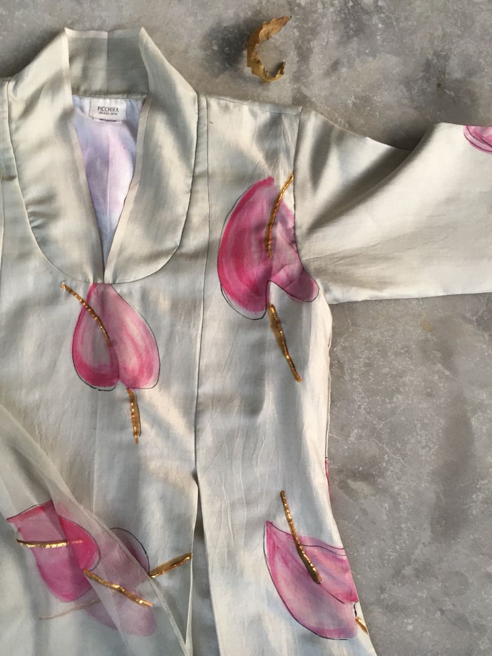 Anthurium on Grey Silk Kurta