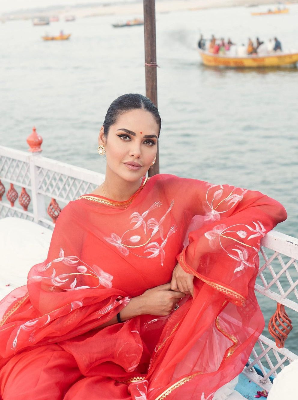 White Songbirds on Red Flaired Kurta