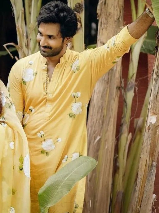 White roses on Haldi yellow Mens kurta