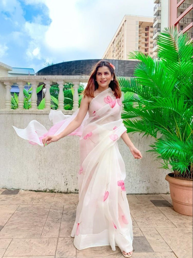 Anthuriums on White Organza Saree