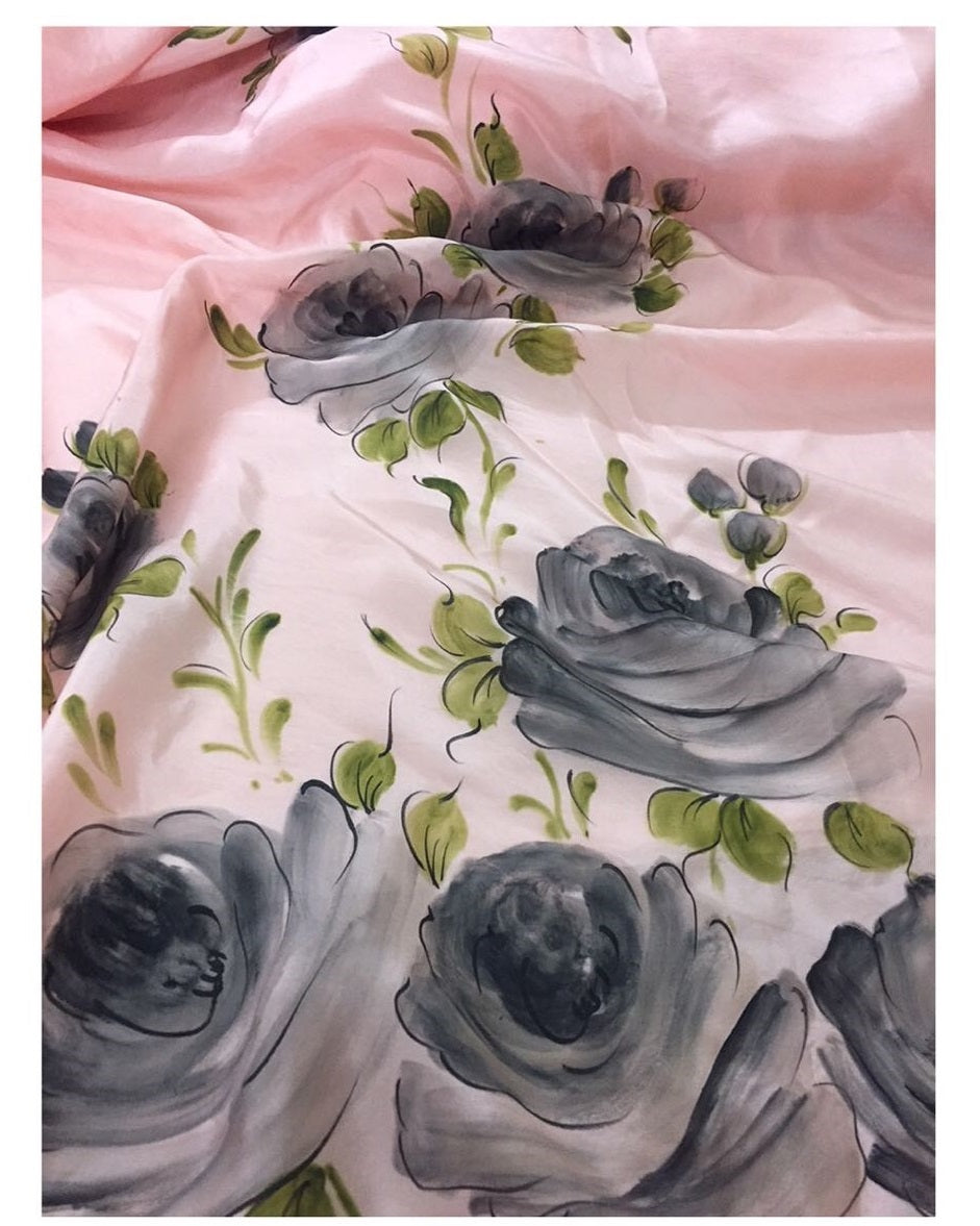 Black roses on rose gold Silk Saree