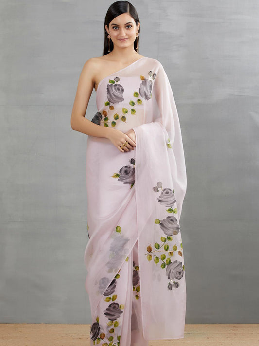 Black Roses On Lilac Organza Saree