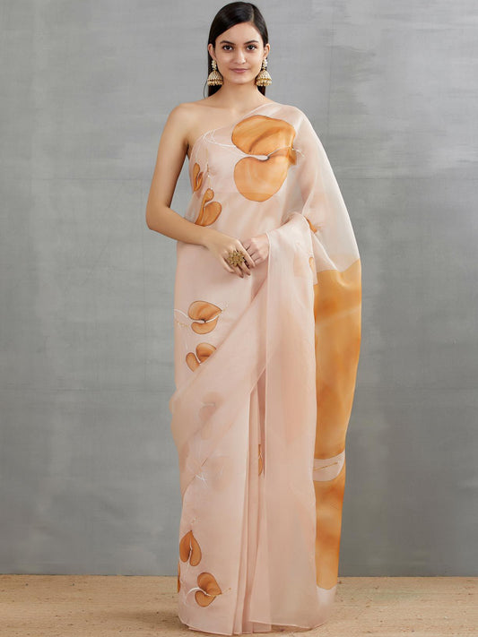 Chocolate brown anthuriums On Dull Rose Organza Saree