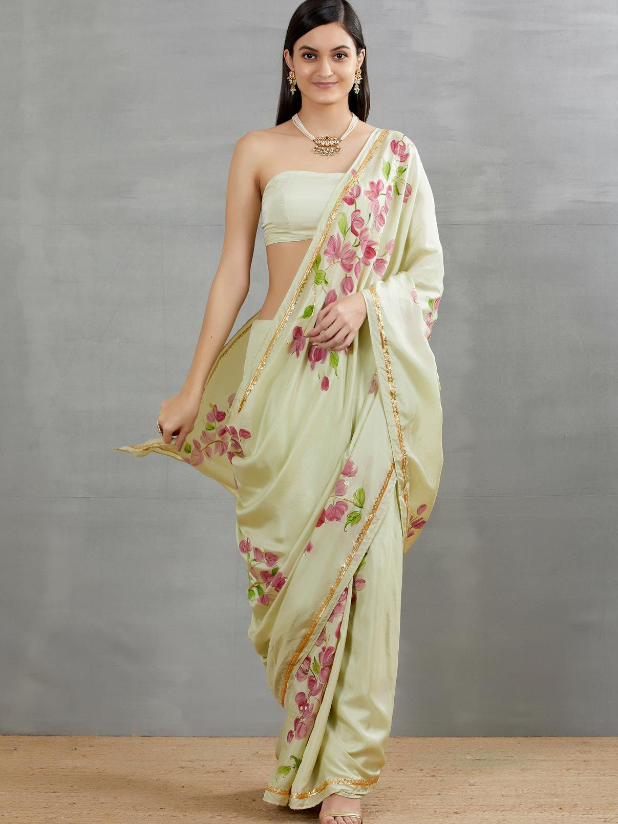 Bouganville On Pista Silk Saree with border