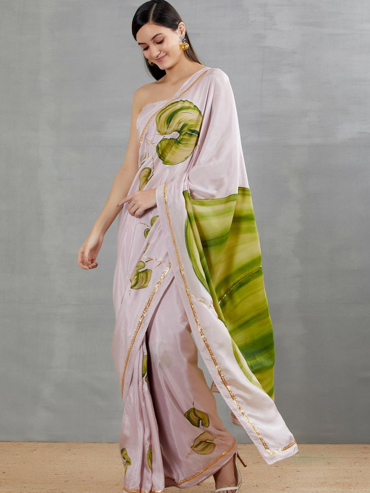 Green Anthuriums on Lilac Silk Saree with border