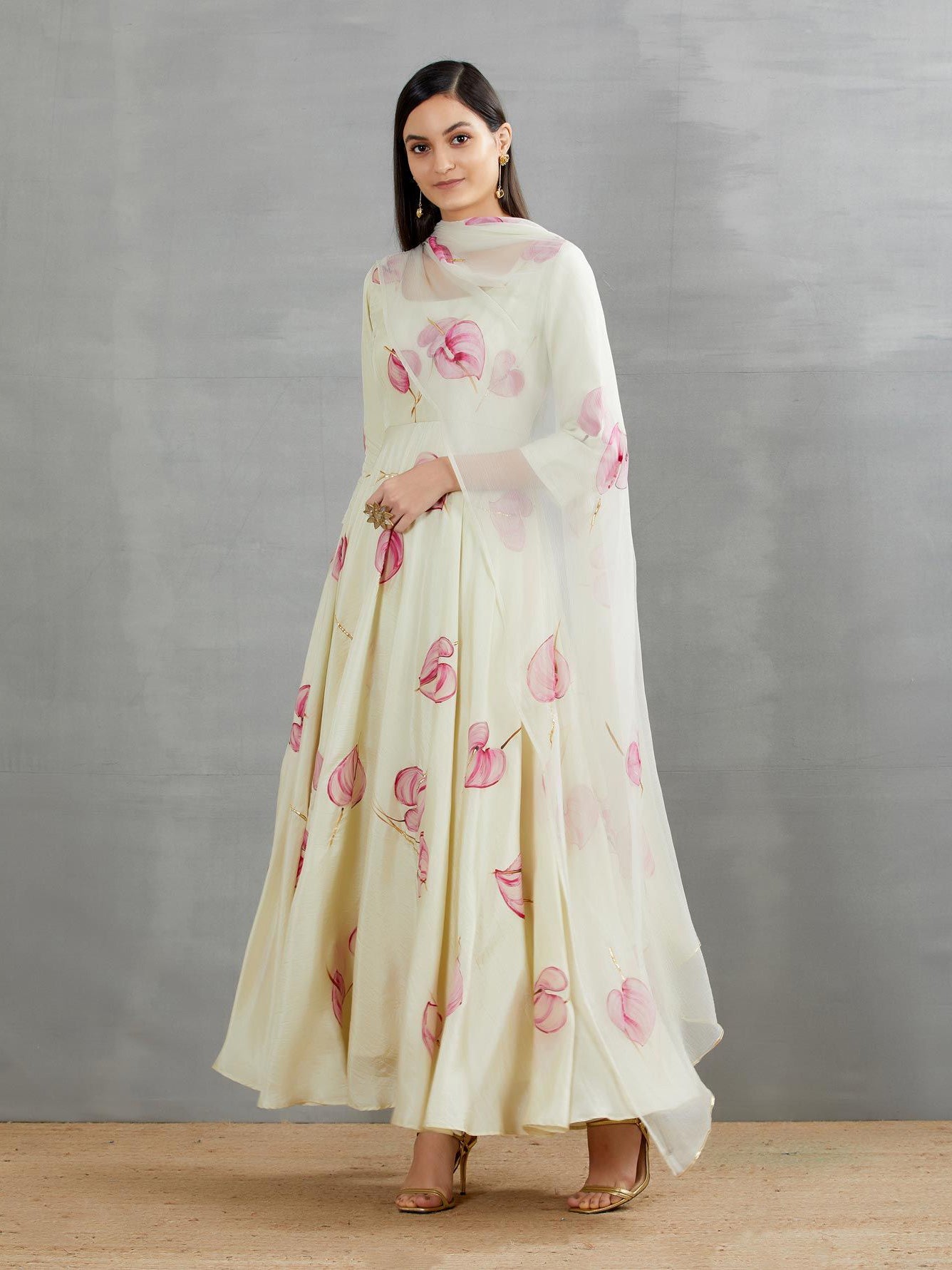 Anthuriums On Pista Flaired Silk Kurta
