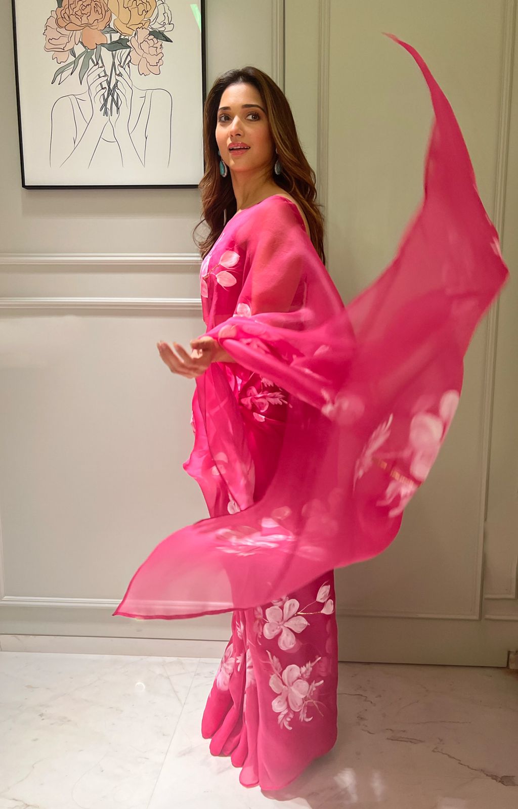 Raspberry Hibiscus Organza Saree