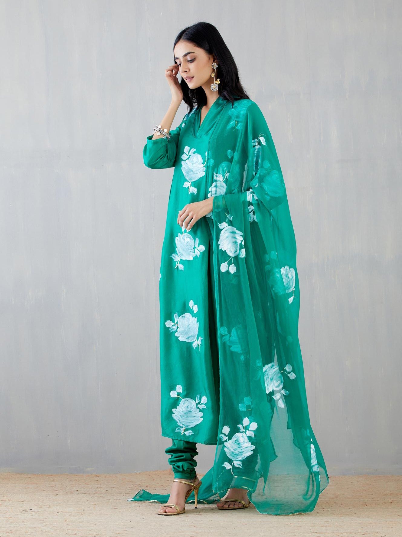 White Roses On Emerald Green Silk Kurta