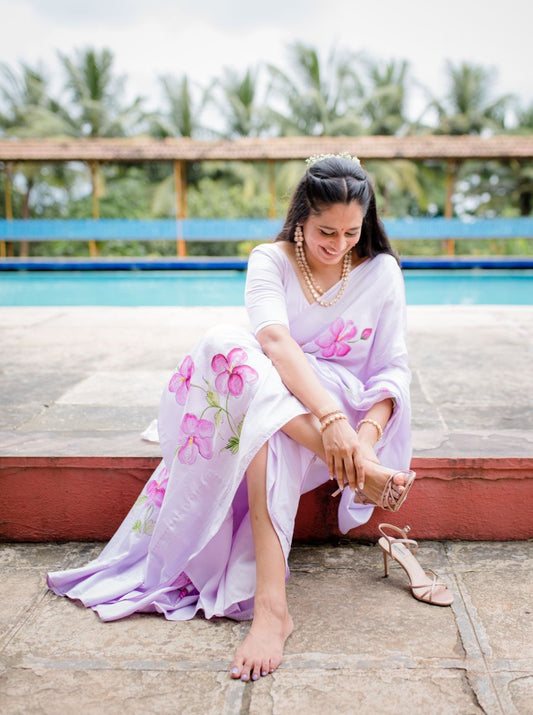 Hibiscus on Lilac Silk Saree