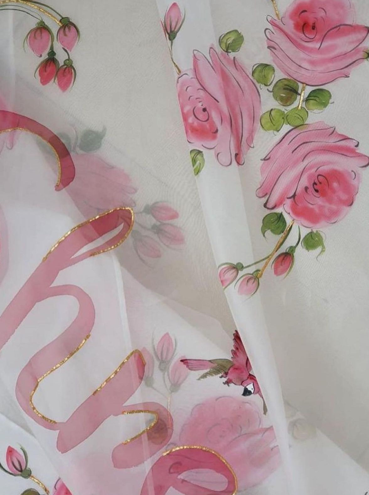 Custom Name on White Rose Organza Saree