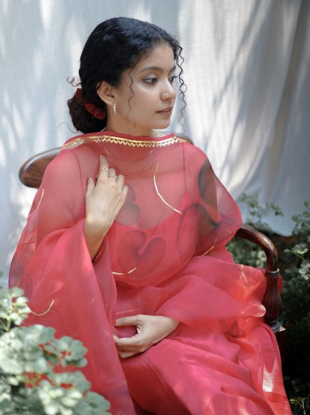 Black Anthuriums on Red Organza Dupatta with Plain Silk Flared Kurta