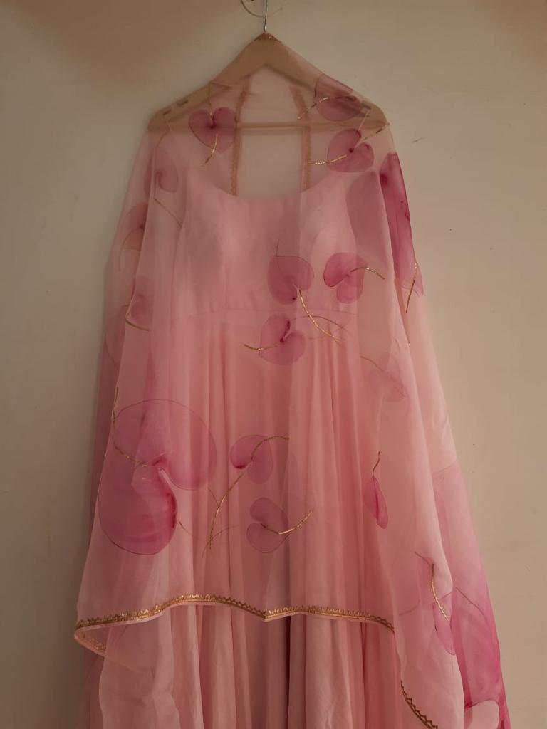 Pink Anthuriums on Baby Pink Spaghetti Strap Kurta