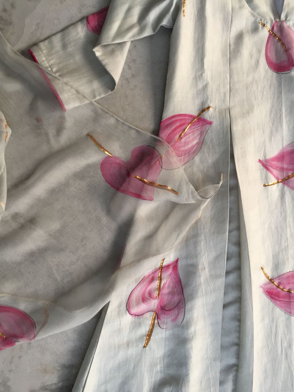 Anthurium on Grey Silk Kurta