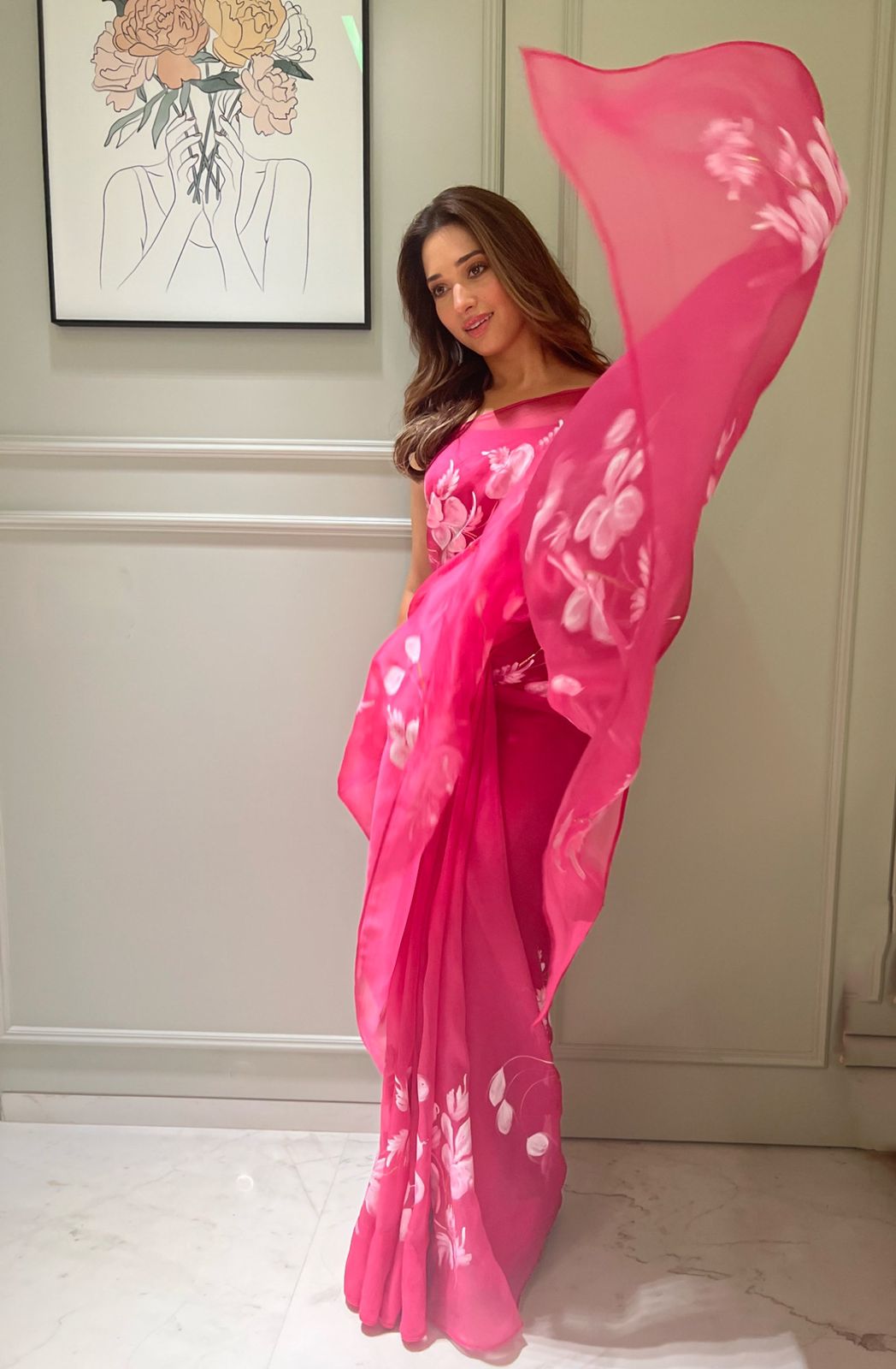 Raspberry Hibiscus Organza Saree