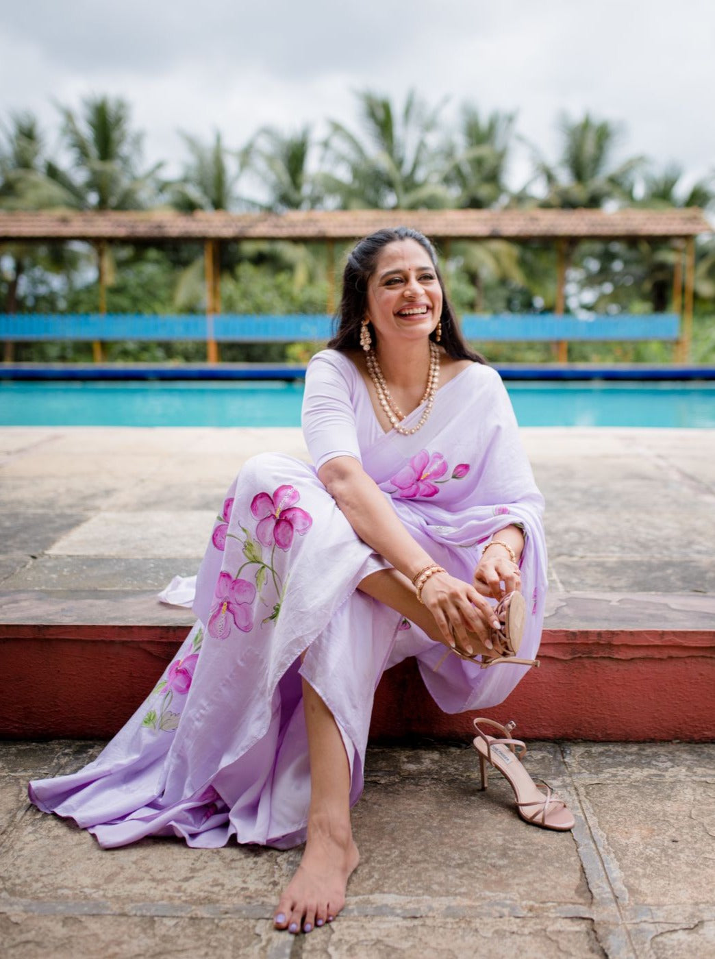 Hibiscus on Lilac Silk Saree