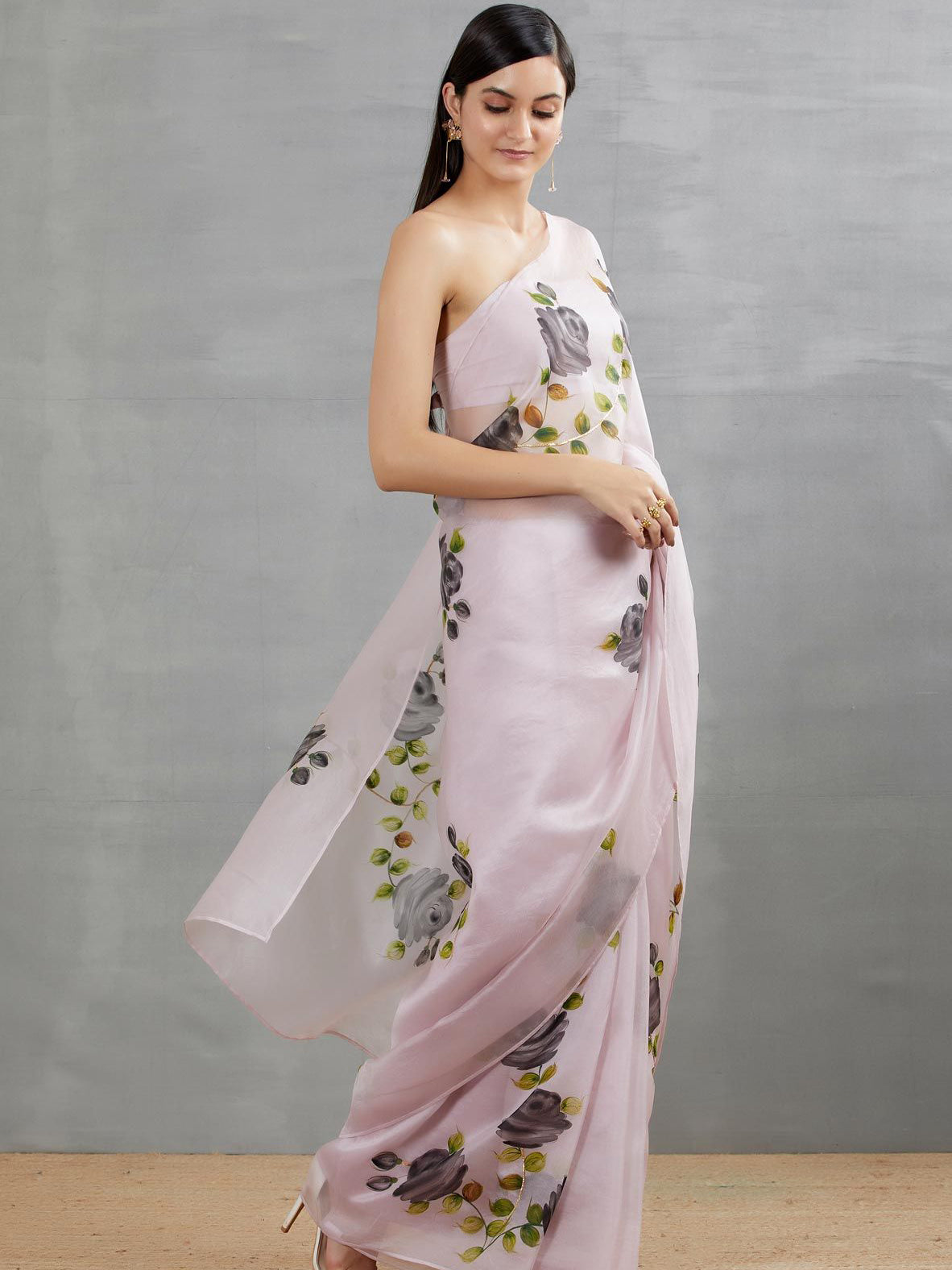 Black Roses On Lilac Organza Saree