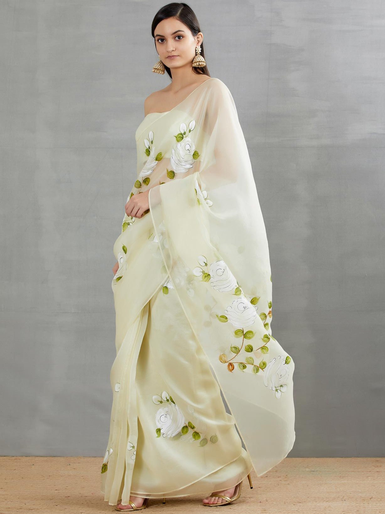 White Roses On Lemon Organza Saree