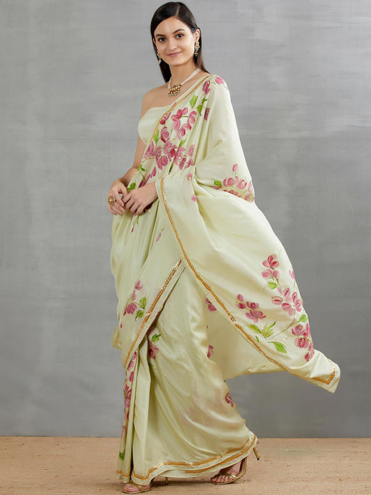 Bouganville On Pista Silk Saree with border